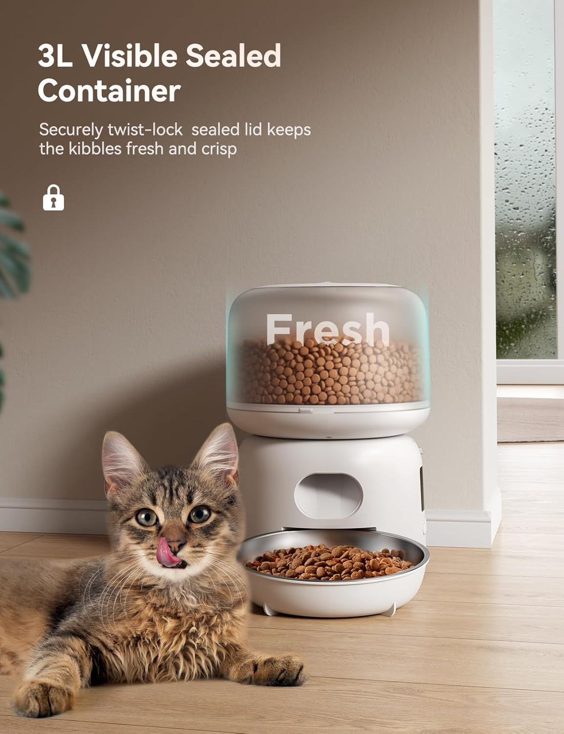 FEELNEEDY Automatic Feeder for Cats, Small and Medium Dogs, Stainless Steel Dish, Height Adjustment, 1.9 Gal (3 L) Capacity, Prevents Food Clogs, Timer Type, Lid Lock image number 5