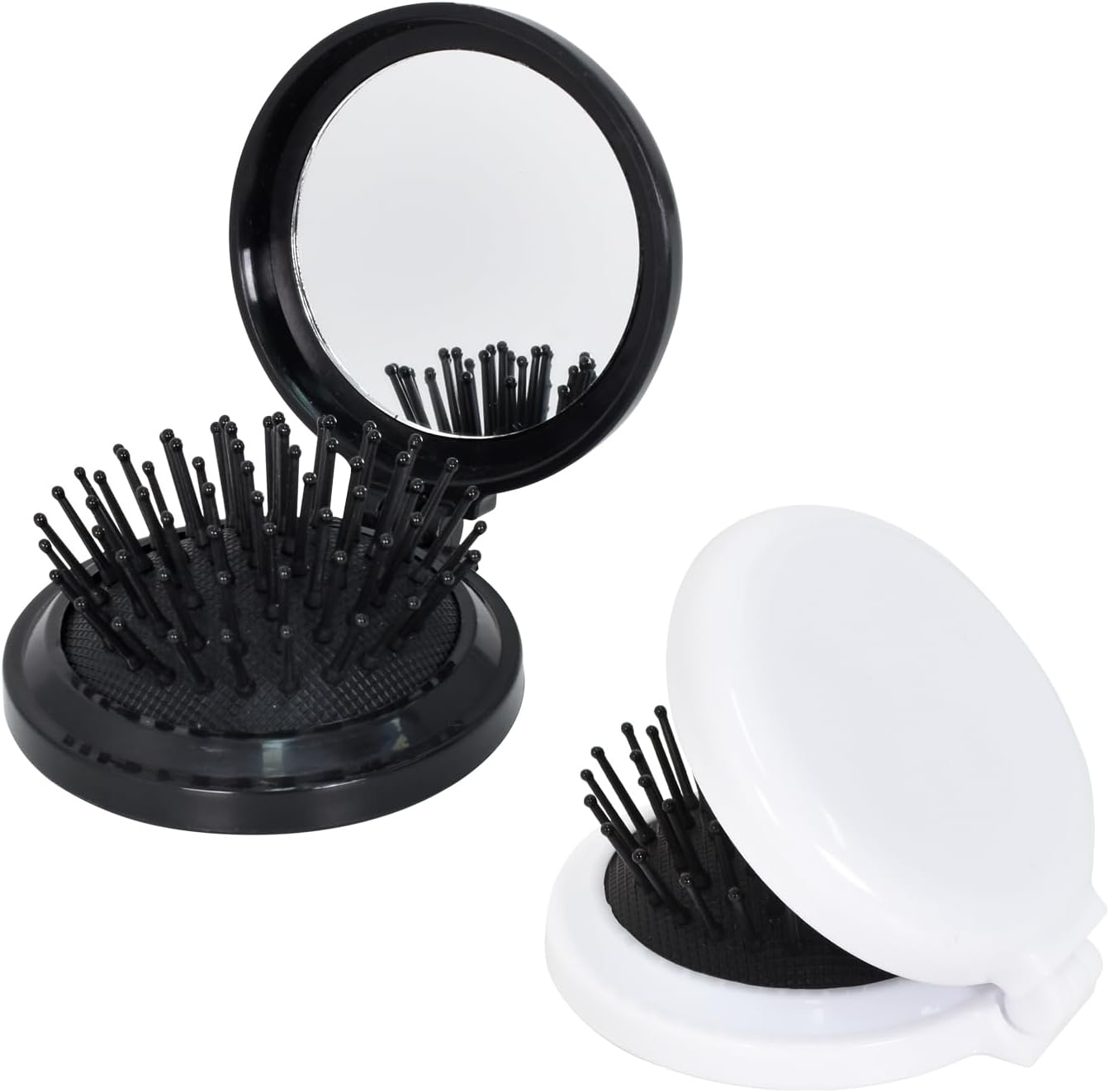 Pack of 2 Foldable Hair Brushes with Mirror, Foldable Hair Brushes with Travel Mirror, Round, Portable Bag, Hair Brush, Mini Hair Comb, Hair Massage Comb for Men, Women and Girls, Black + White image number 5
