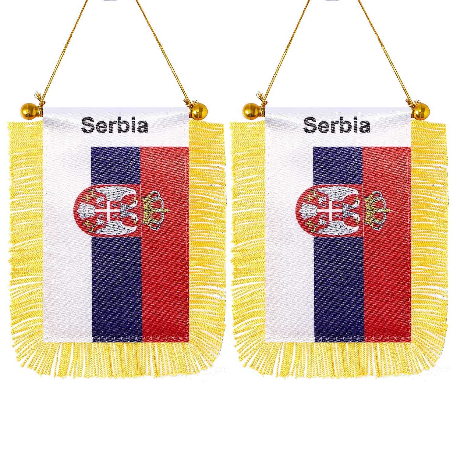 CANTENDO 2 Pack Serbia Window Hanging Flag,Mini Serbian Car Flag with Pole Tassel Suction Cup Rearview Mirror Decoration(3X5 Inch)