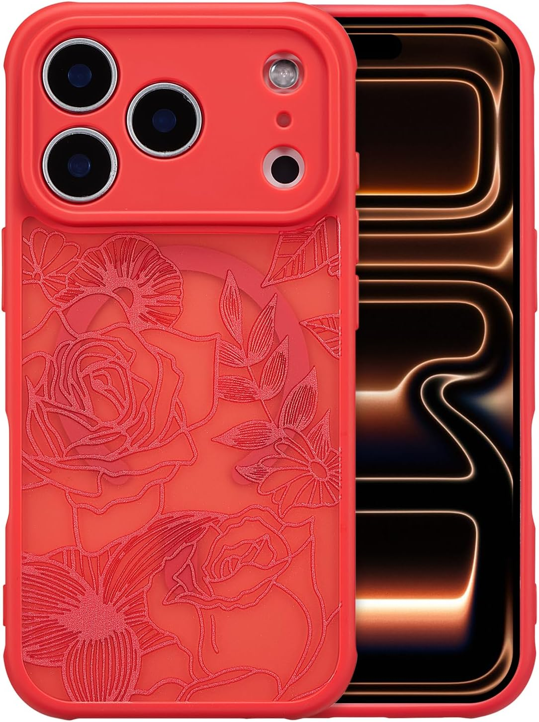 XIZYO Magnetic Case for Iphone 17 Pro Max, Compatible with Magsafe, Transparent Matt, Rose Floral Pattern, Shockproof Mobile Phone Case, Soft TPU Bumper Protective Case, Red image number 4