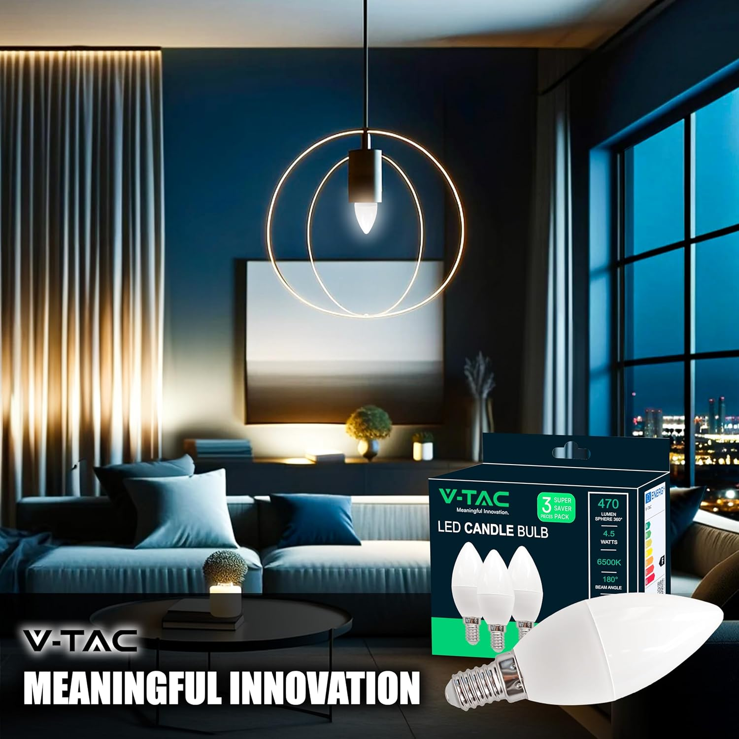 V-TAC Pack of 3 E14 LED Candle Bulbs, 4.5W (Equivalent to 40W) - 470 Lumen - 3000K Warm White - Opening of the Light Beam 180&deg; - Maximum Efficiency and Energy Saving LED Bulb image number 6