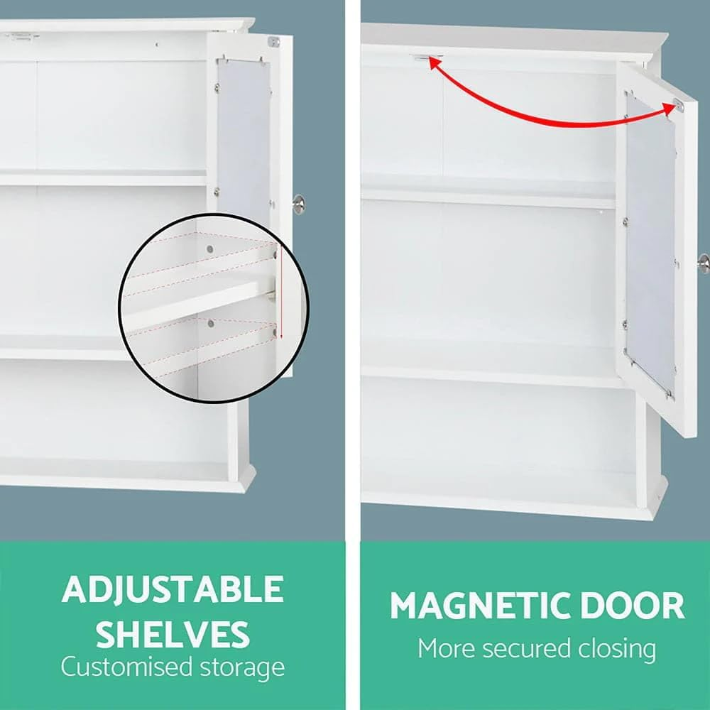 Artiss Bathroom Storage Cabinet, 58Cm Height Adjustable Cupboard Side Table Corner Shelf Wall over Toilet Roll Storages Cabinets Unit Home Furniture Organiser Accessories, with Mirror White image number 1