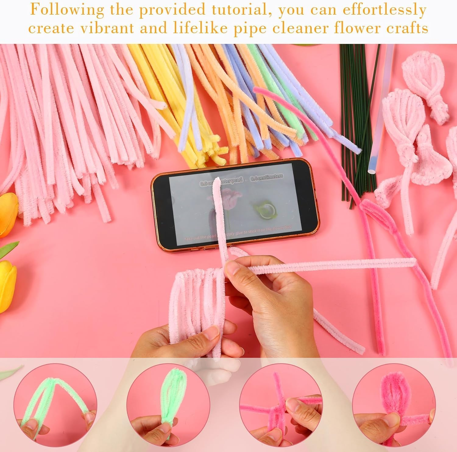 Pipe Cleaners Craft - Pipe Cleaners Flowers, Pipe Cleaner Flower Kit, DIY Pipe Cleaners Flower Bouquet Craft Supply Kit for Art Project Activity, Birthday Anniversaries Graduations Gifts image number 1