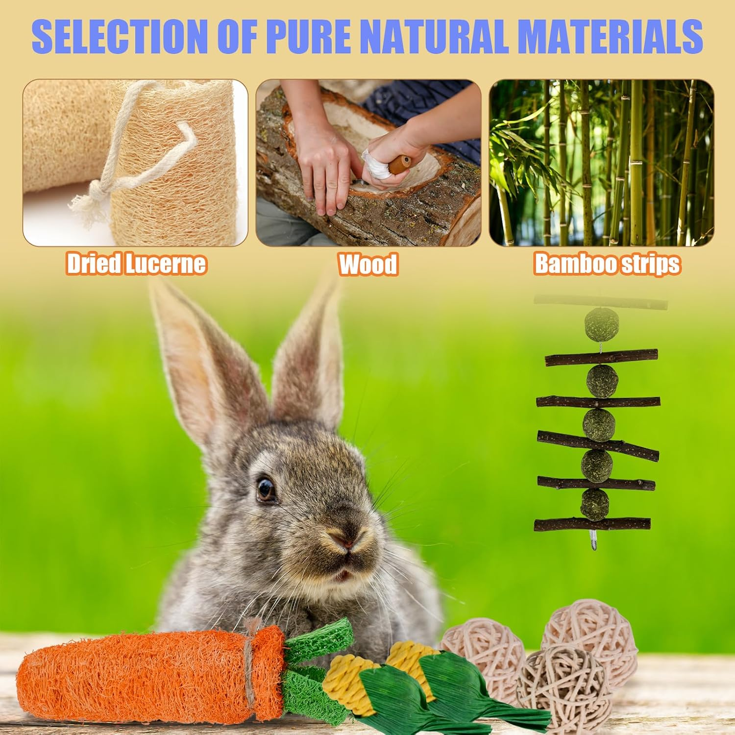 16Pcs Bunny Chew Toy, Rabbits Cage Hanging Chew Toys and Rattan for Guinea Pigs Chinchillas Hamsters Rats and Other Small Pets Teeth Grinding image number 2