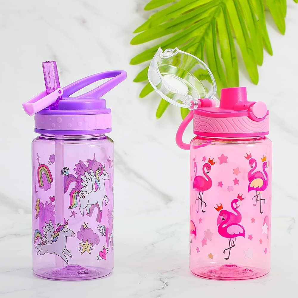 Home Tune 16Oz Kids Water Drinking Bottle - Tritan BPA Free, Flip Straw Lid, Wide Mouth, Carry Loop, Lightweight, Leak-Proof Water Bottle Cute Design for Girls & Boys - 2 Pack Unicorn & Flamingo image number 1