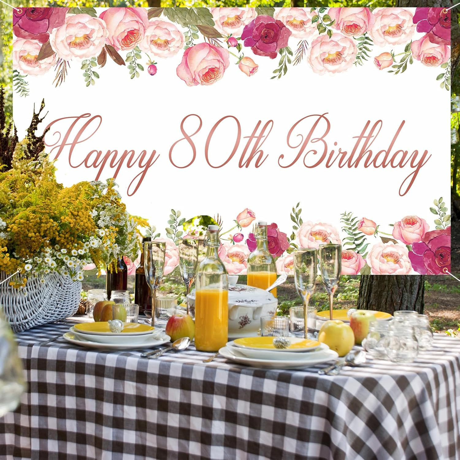 Vlipoeasn Elegant White Happy 80Th Birthday Decorations for Women Rose Gold Flower Peony Photography Backdrop for 80Th Birthday Party Surprise for Mother Cheers to 80 Years Old Birthday Party Supplies image number 3