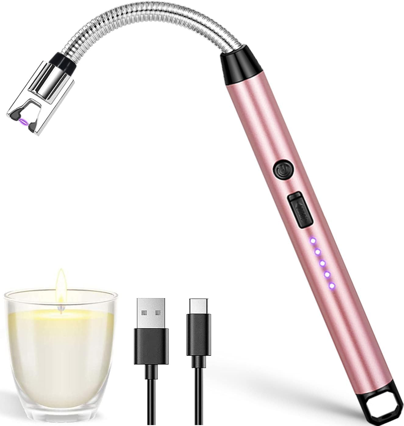 Candle Lighter, Electric Lighter Arc Windproof Flameless with 360&deg; Flexible Neck & LED Power Display, USB Rechargeable Lighter for BBQ, Grill, Camping, Fireplace, Stove