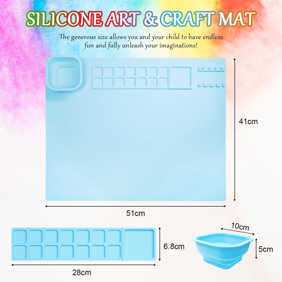YBVABE Silicone Art Mat, 51 X 41Cm - Paint Mat with Scrubber Cup & 14 Color Dividers, for Art, Painting, Clay & DIY Creations, Blue image number 3