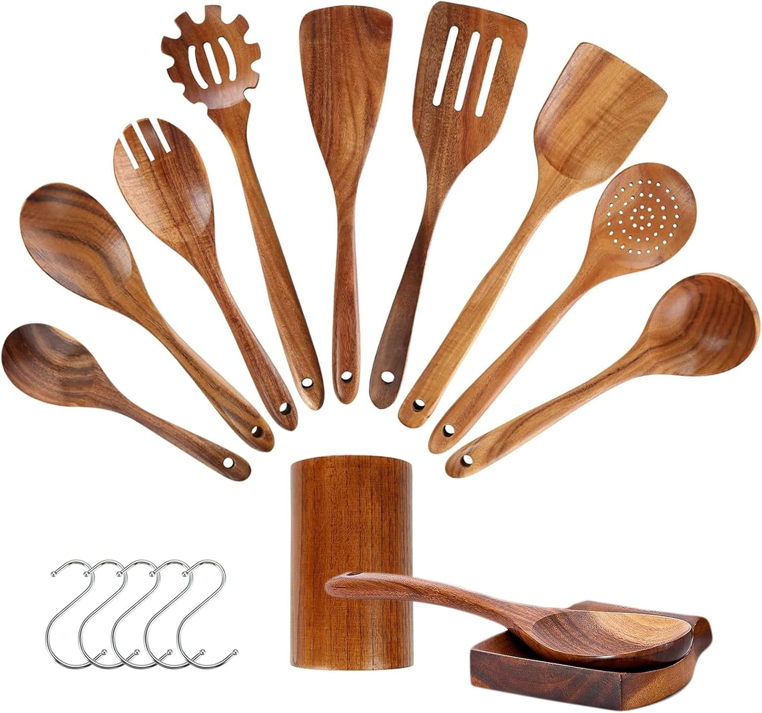CATZONS 11 Pcs Wooden Cooking Utensils Set - with Holder & Spoon Rest, Smooth Finish Comfort Grip Teak Spatula Set image number 5