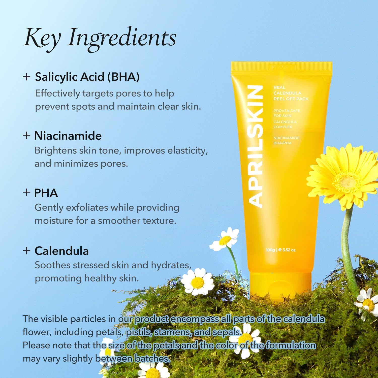 APRILSKIN Calendula Flower-Infused Facial Peel off Mask, 3.52 Fl. Oz, PHA, BHA & Niacinamide Gently Exfoliates, Removes Impurities, Improves Uneven Skin Tone, and Minimizes Pores, Korean Skincare image number 2