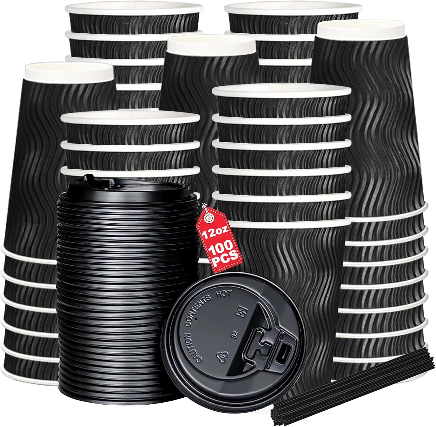 TNGAMFGT 12Oz Ripple Wall Paper Cups,100 Pcs Disposable Paper Coffee Cups with Lids,Hot Drinks, Cold Drinks, Juice Tea，Ideal for Home, Parties, Weddings（12Oz，100 Pack，Black）