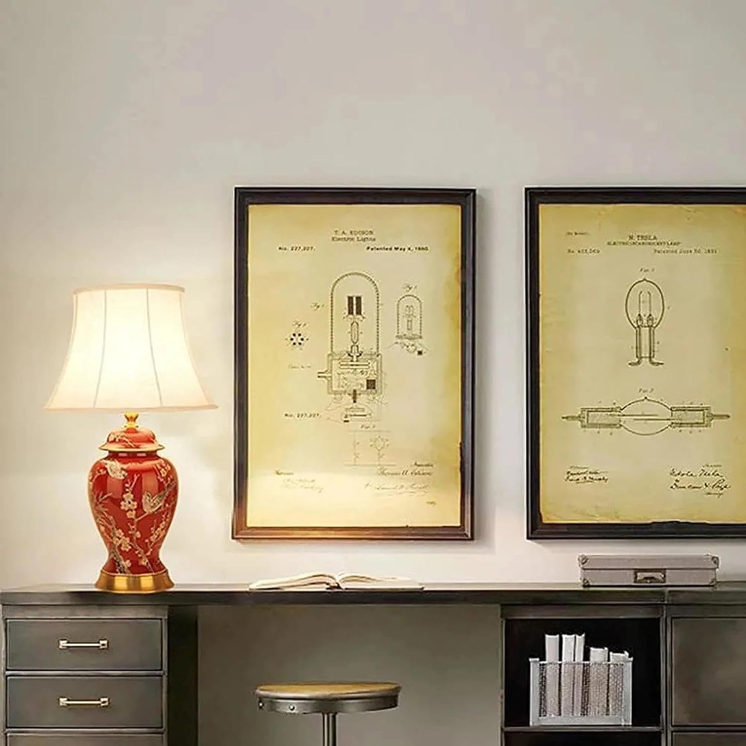 22" Vintage Ceramic Chinoiserie Table Lamp with Floral Birds Design, Classic Bedside Nightstand Lamp with Linen Shade for Bedroom, Living Room, Office image number 2