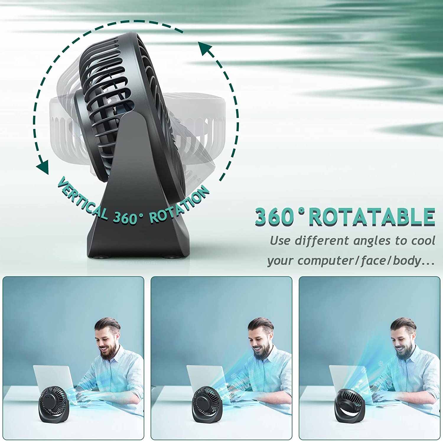 Desk Fan,Samll Personal Fan,Table Fan Rechargeable 4000Mah Battery,5 Speed Silent Bed Fans with 360&deg;Rotatable Strong Airflow,Portable Cooling Fan for Desktop Office Home Bedroom image number 2
