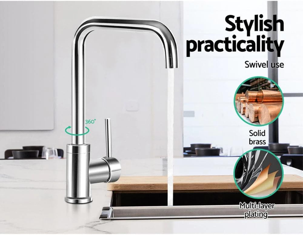 Cefito Kitchen Tap, 360&deg; Gooseneck Sink Mixer Taps Spray Head Rotating Faucet Water Aerator for Home Bathroom Laundry, Brass Body Hot and Cold Switch Silver image number 4