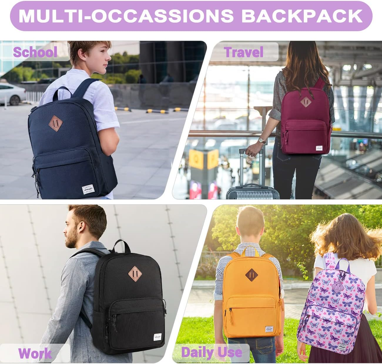 School Backpack for Boys Girls,Ravuo Lightweight Men Women Bookbag Casual Teens Schoolbagw Two Front Pockets for Study Travel image number 3