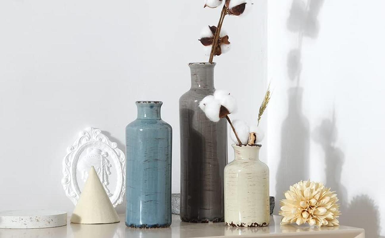 Crackled Finish Ceramic Vases Set of 3, Blue Vase,Bottle Vase,Small Vintage Ceramic Vases for Home Decor, Multicolored Shelf Floor Vases image number 2