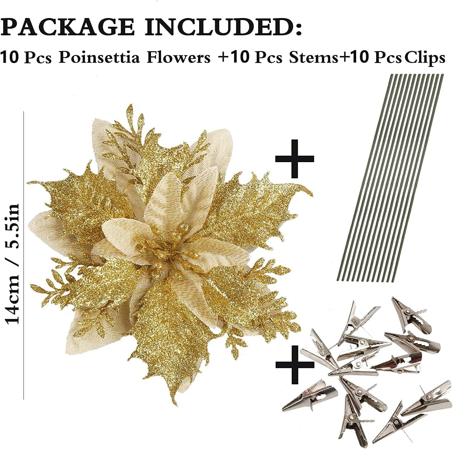 Christmas Tree Decorations,10Pcs 14Cm / 5.5In Gold Poinsettia Artificial Christmas Flowers with Clips and Stems Glitter Christmas Tree Ornaments for Xmas Wedding Party Wreath Decorate image number 6