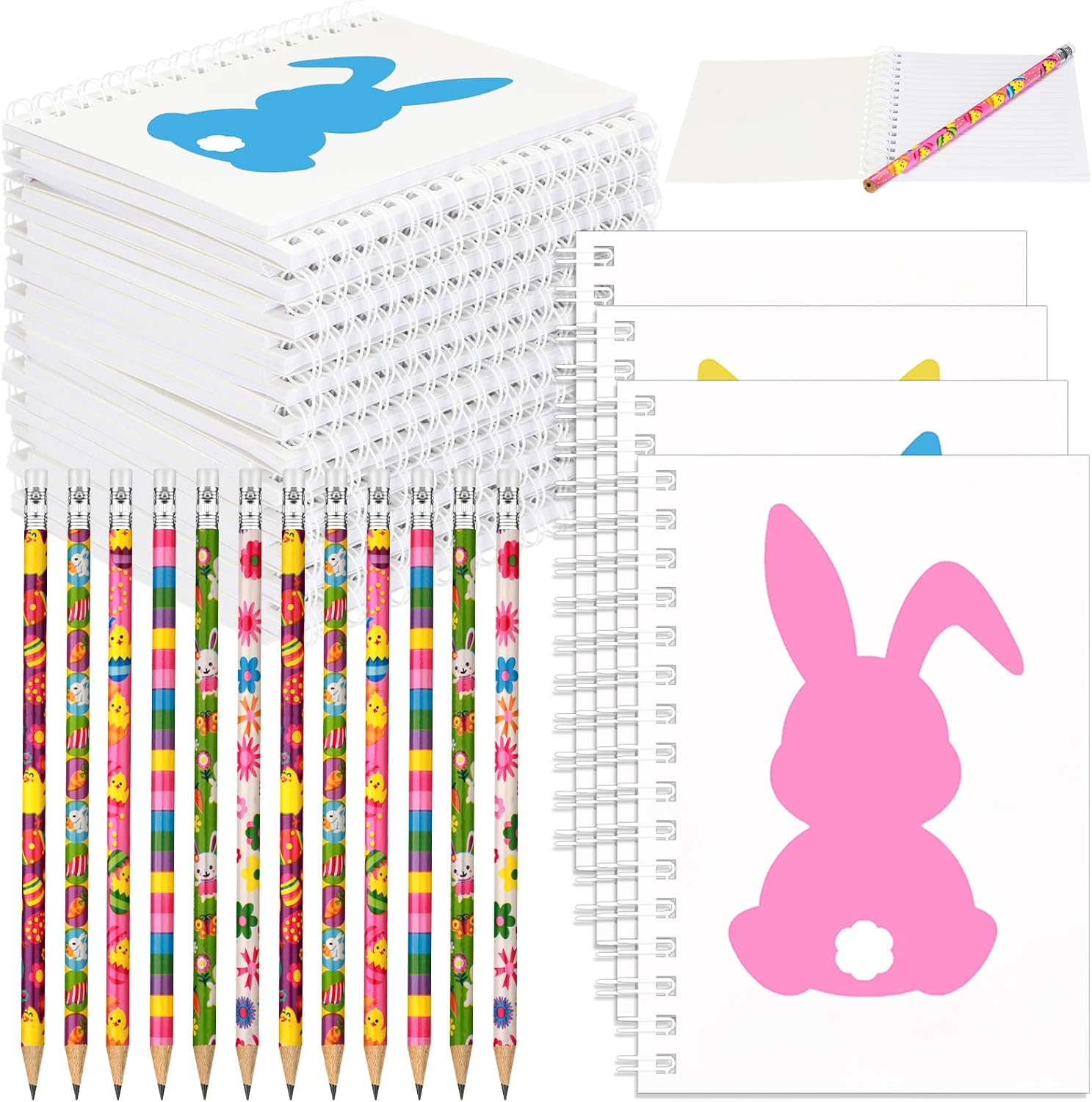 Mooliwe 48 Pcs Easter Pencils and Notepads Set 24 Pcs A6 Easter Bunnies Spiral Journal Notebook 24 Pcs Assorted Colorful Pencils with Eraser for Kids School Classroom Gift Exchange Supplies (Cute) image number 5