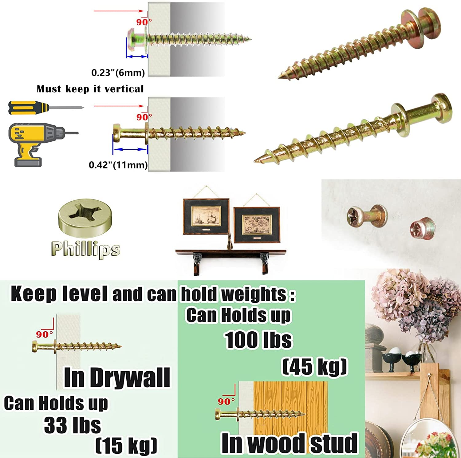 Laffeya Double-Headed Bear Claw Picture Hanging Screw, 4 in 1 Screw Hook, Work in Drywall and Wood Studs (Mix Size, 40) image number 6