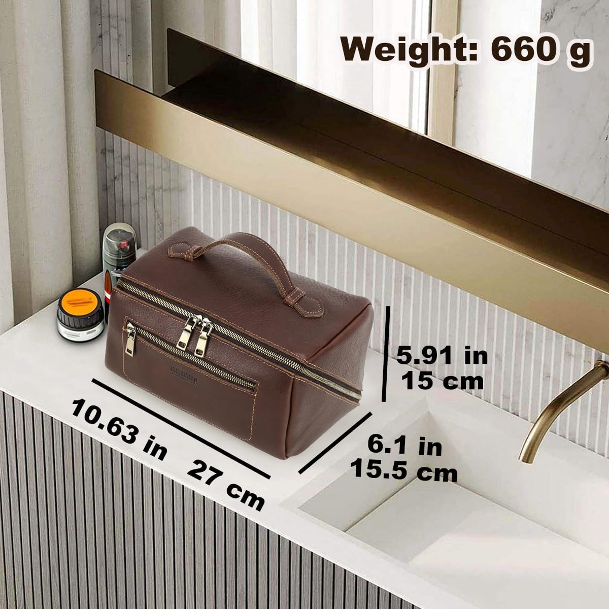CONTACTS Full Grain Leather Travel Toiletry Bag for Men Large Wash Bag with Handle Bathroom Shaving Dopp Kit Toiletries Organizer Vintage Cosmetic Bag image number 6