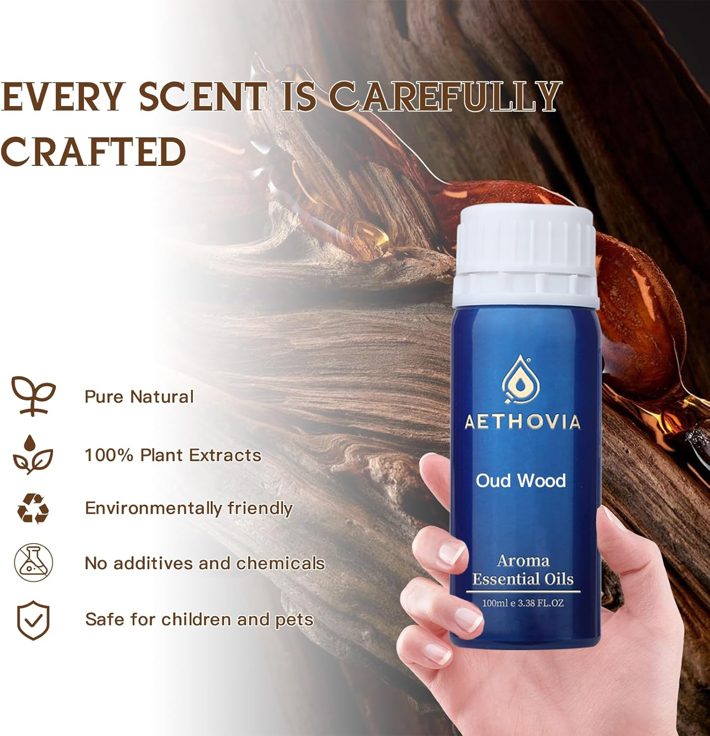 AETHOVIA 3.38 Fl. Oz Oud Wood Diffuser Oil - High Concentration of Natural Essential Oil, Long-Lasting Fragrance for Home Aroma Device, Meditation and Sleep Aid image number 4