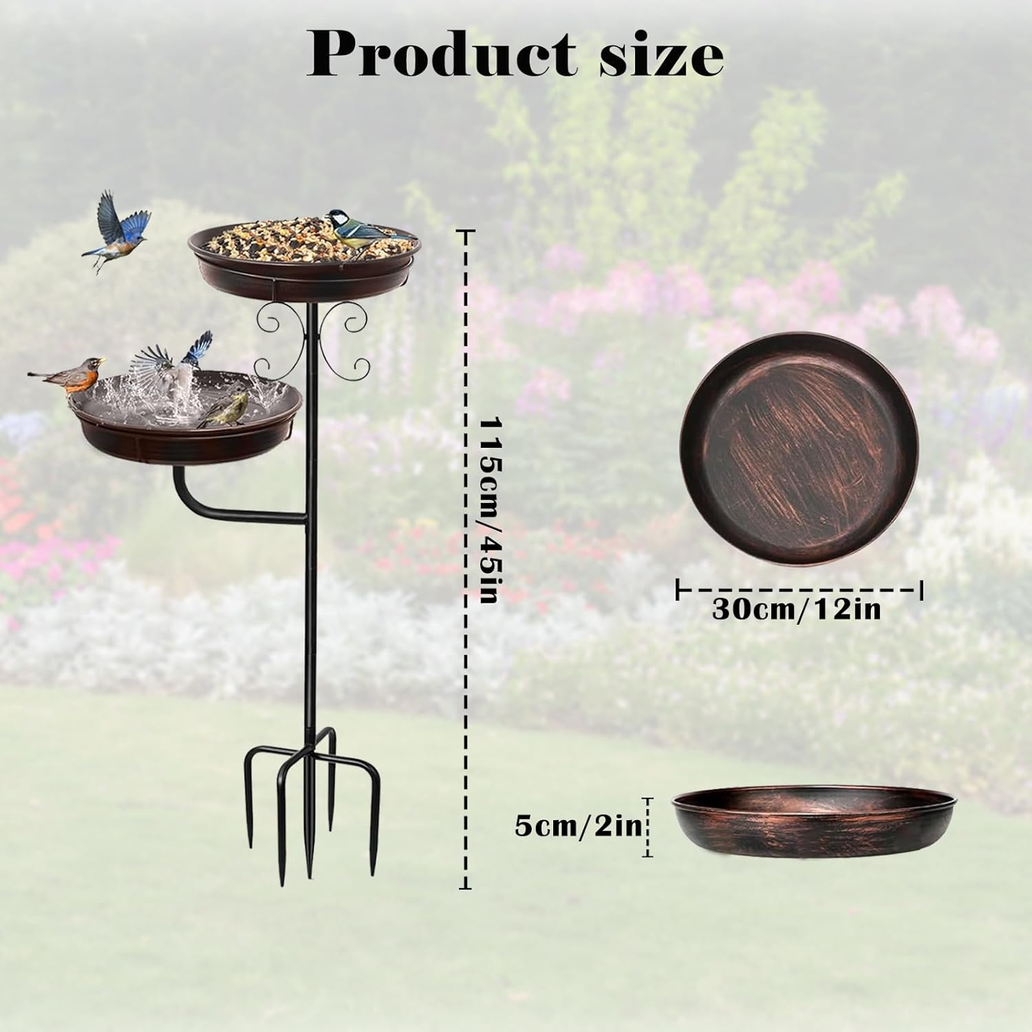 45" Vintage Metal Bird Bath & Feeder - Outdoor Antique Bronze Birdbath with 5-Prong Base, Freestanding Garden Decor for Patio, Yard, Lawn image number 1