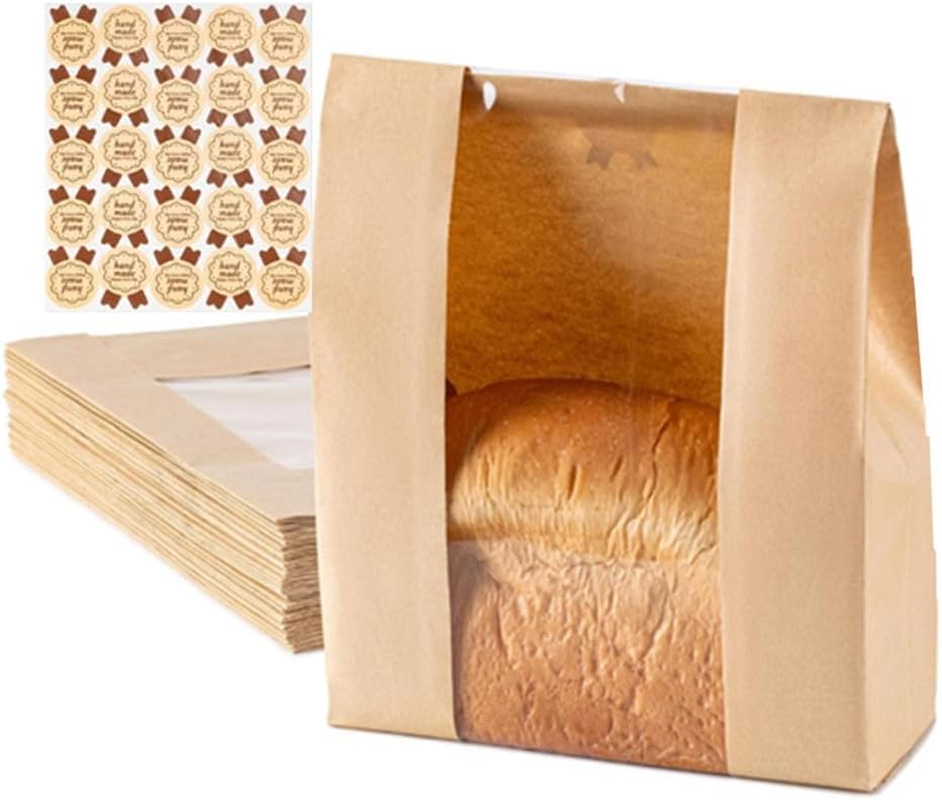 50PCS Paper Bread Bags, CAASFOOY Large Kraft Homemade Bread Sourdough Bags Kraft Paper Bakery Bags with Window,For Bread, Sandwiches, Coffee Beans (35 * 21 * 9Cm) image number 3
