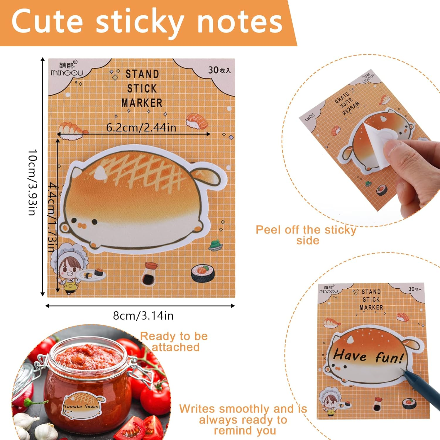 TIESOME Cute Sticky Notes, 5 Pack Cartoon Sticky Notes Cat Bread Shape Markers Flags Self-Stick Memo Pads Students Home Office Roommates Gifts Tab Supplies 150 Sheets image number 1
