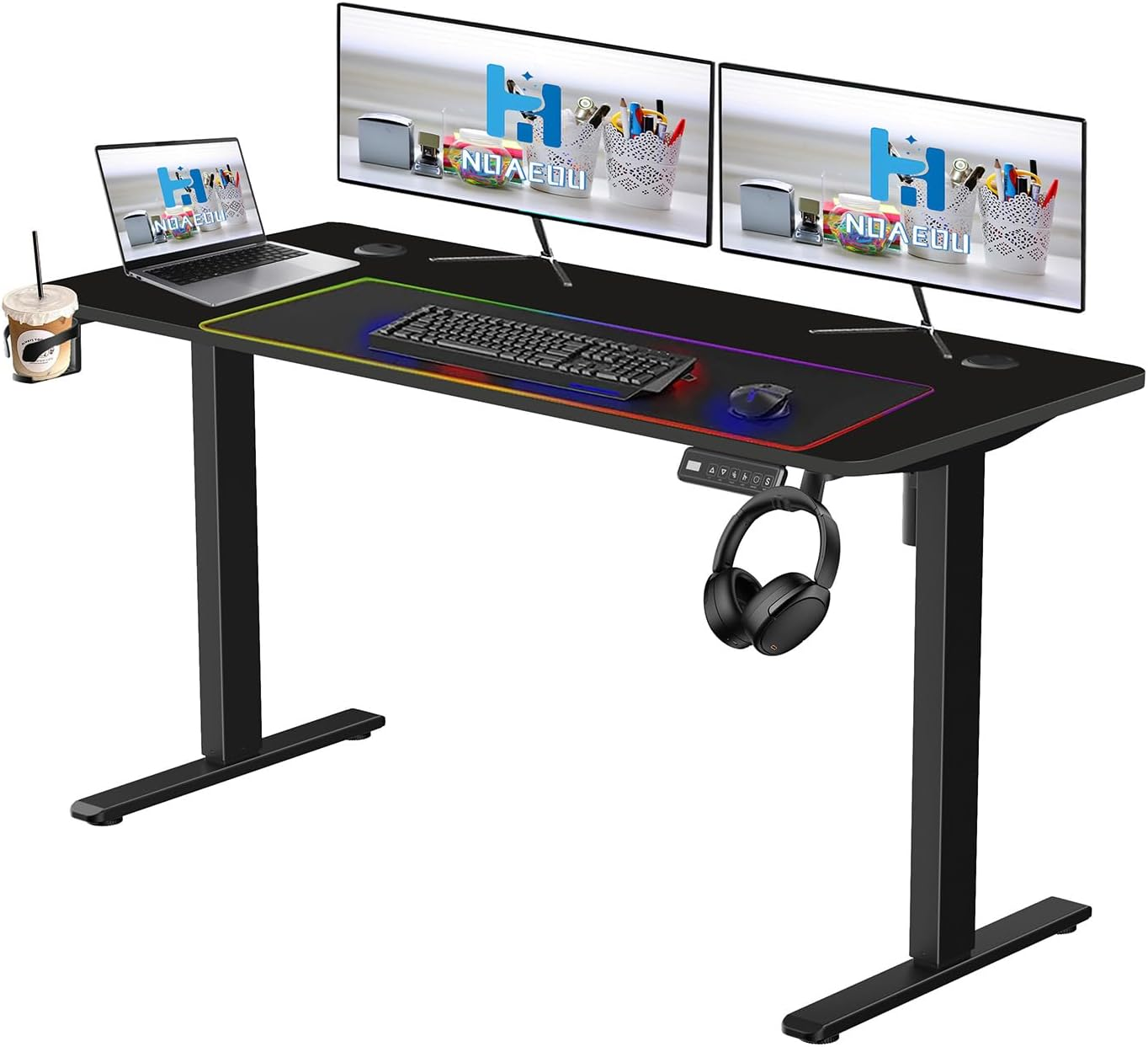 NOAEOU Electric Height Adjustable Standing Desk, 55In X 23.6In Large Sit Stand up Computer Table Workstations for Home Office (Black Carbon Fiber Veneer)