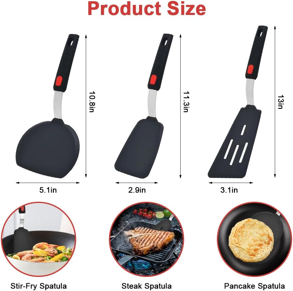 Large Silicone Spatula Turner Set of 3,Silicone Turner Spatula,Silicone Spatula for Cooking,Non-Stick,Heat Resistant, Easy to Clean, BPA Free Rubber Spatula for Egg, Pancake, Fish, Burger (Black) image number 1