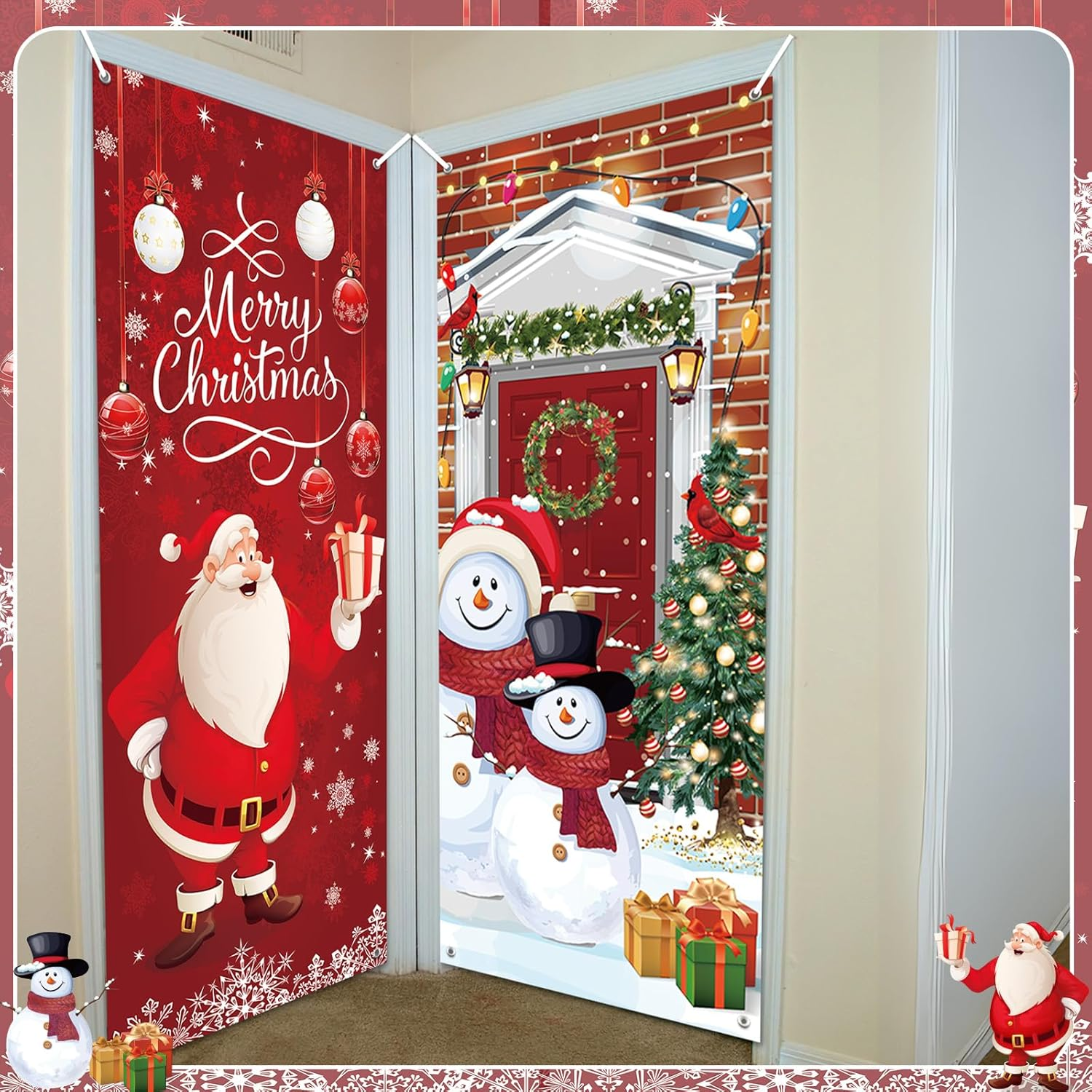 2 Pcs Christmas Door Cover Decoration Christmas Door Decorations Santa Claus Xmas Snowman Door Decorations Sign Window Front Door Party Home Decors Backdrop Banner,35.4 X 78Inch image number 3