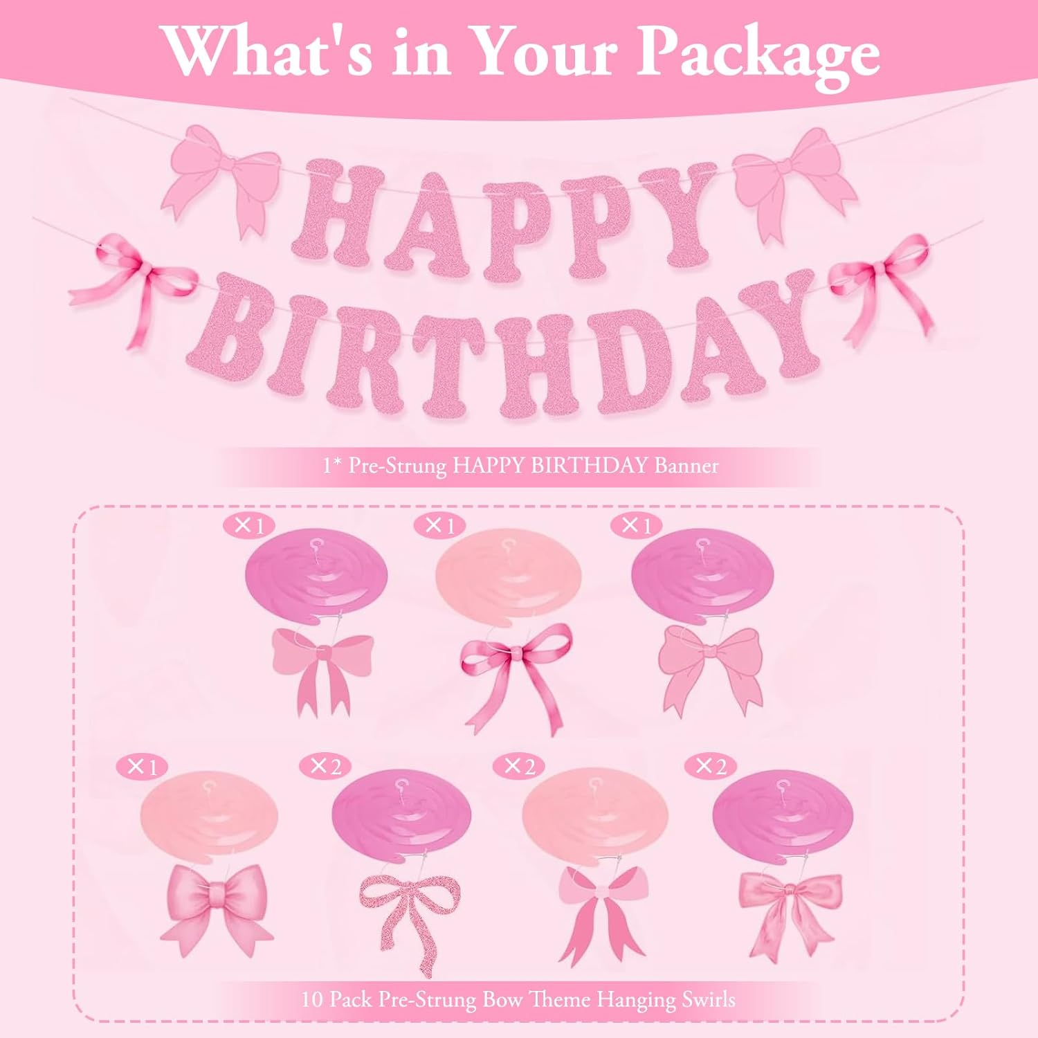 Pink Birthday Party Decorations, Pink Bow Party Banner with 14Pcs Bow Swirls Hanging Garland, Girl Baby Shower Garland, Coquette Birthday Decoration for Wall, Fireplace, Window image number 4