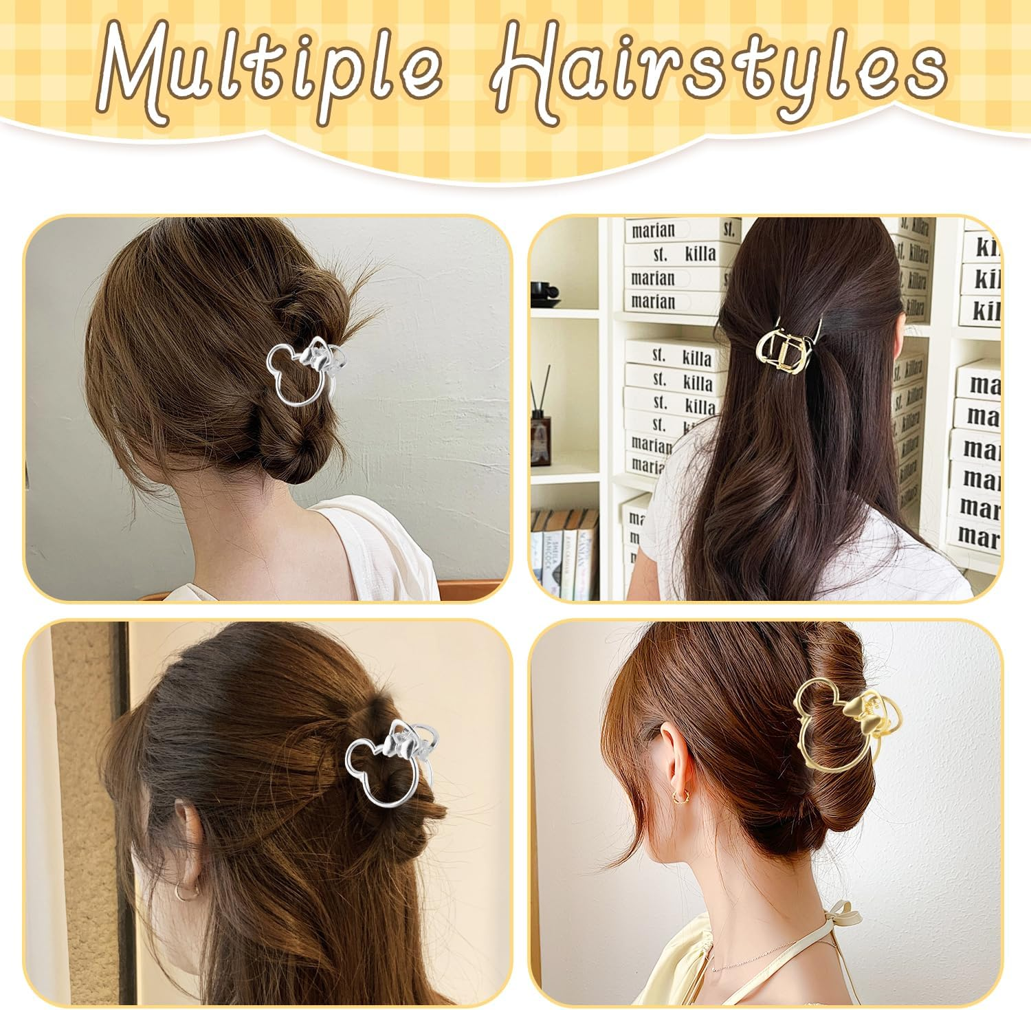 4 Pack Metal Hair Claw Clips Mouse Head Hair Clips Ears Hollow Out Hair Barrette Non-Slip Hair Catch Jaw Clamp Hair Styling Accessories for Women Girls (Large + Small) image number 3
