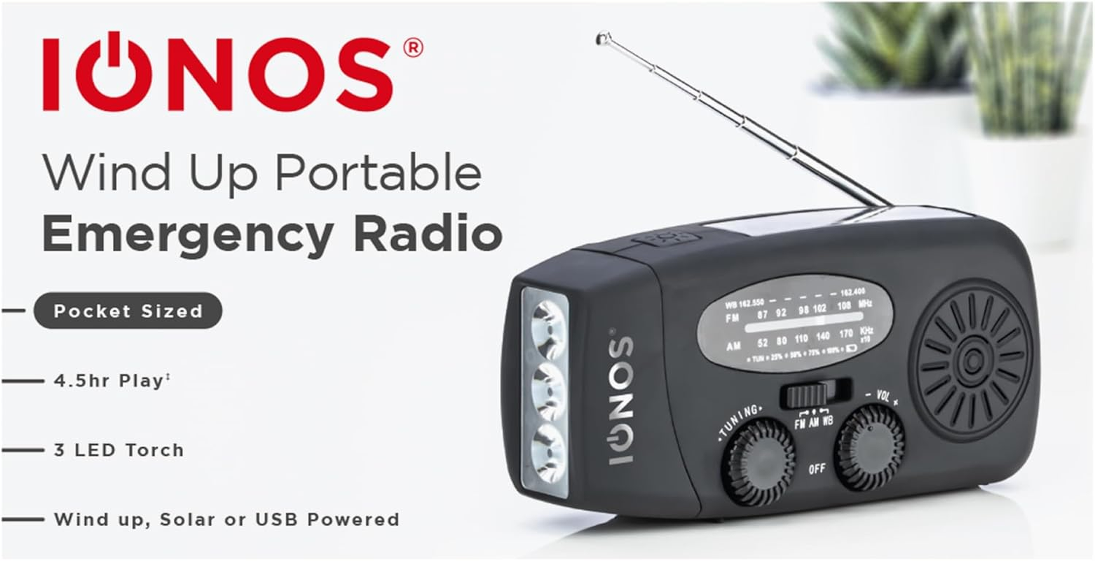Status IONOS Multifunctional Portable Wind up Radio, FM/AM/WB, Solar and Hand Crank Powered, 3 LED Torch and USB Charging, 4.5Hr Playtime, Emergency and Outdoor Essential, Black, ALMERE1PKB6 image number 4
