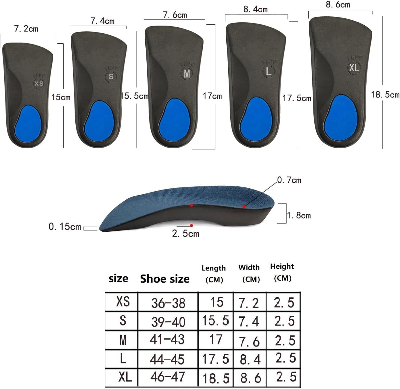 3/4 Length Orthotics Insoles - Insoles for Corrects Fallen Arches, Fat Feet (Black, M 41-43) image number 2
