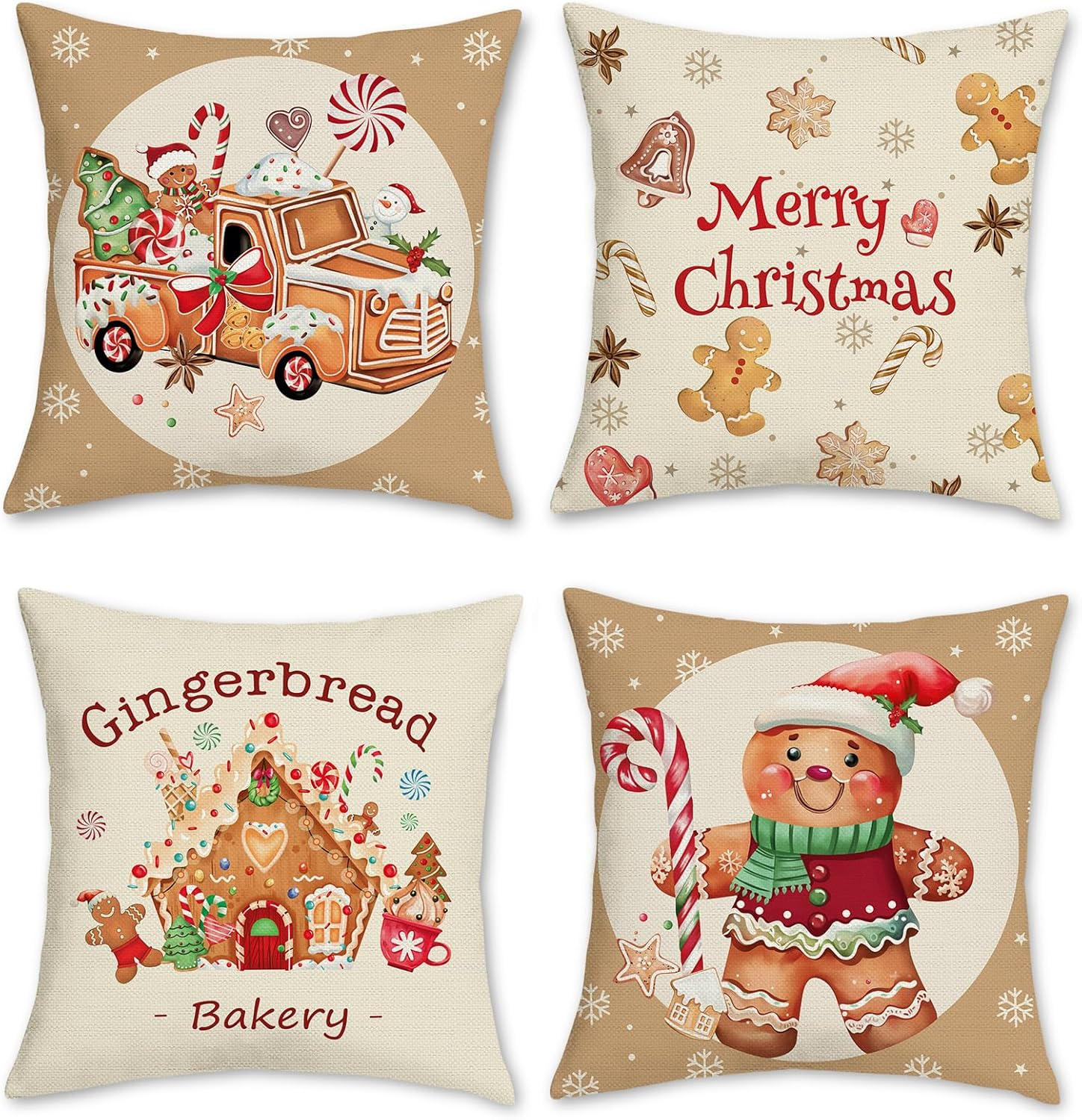 Bonhause Christmas Gingerbread Cushion Covers 45 X 45 Cm Xmas Truck House Hot Cocoa Pink Decorative Throw Pillow Covers for Sofa Bed Home Winter Holiday Decor Set of 4