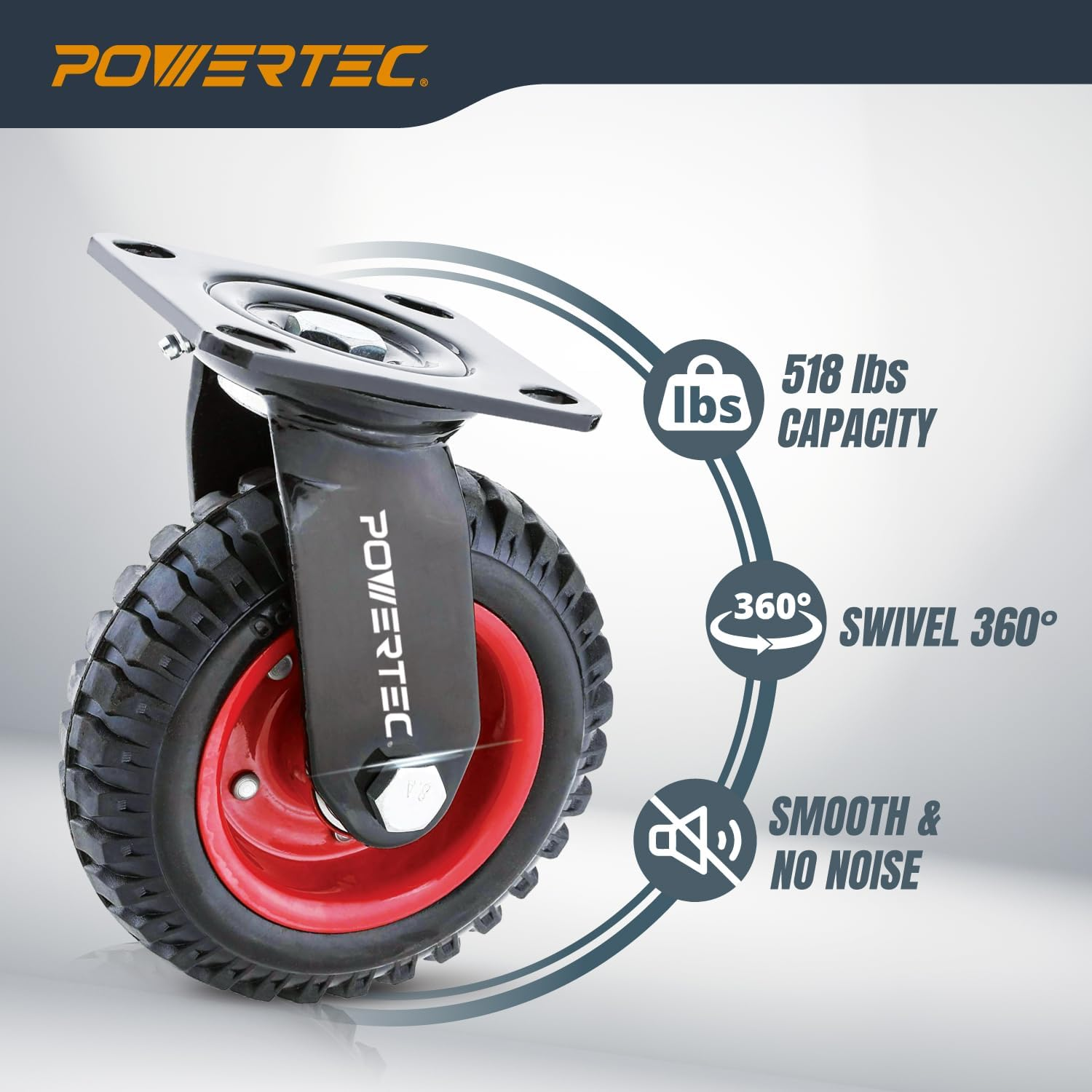 POWERTEC 8 Inch Caster Wheels, Heavy Duty Swivel Plate Casters with Rubber Knobby Tread for Workbench, Dolly, Cart, Trolley, Wagon and Chicken Coop, Large Rubber Castor Wheels, 1PK (17051) image number 2