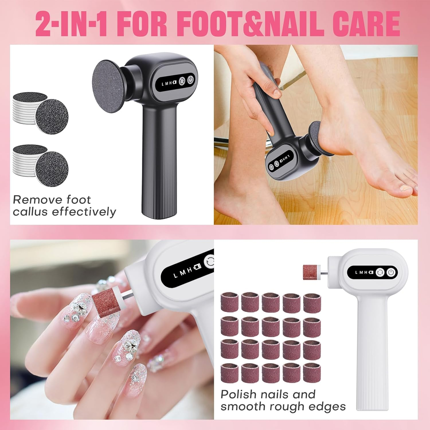 2 in 1 Electric Foot File, Rechargeable & Adjustable Foot Callus Remover & Nail Grinder, with 40Pcs Sandpaper Discs, Electric Foot Hard Skin Remover for Feet Care Exfoliator (Black) image number 3