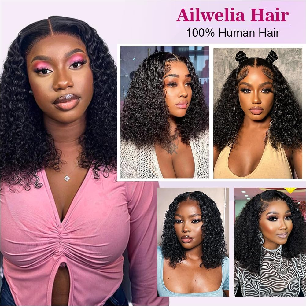 Ailwelia Curly Bob Wig Human Hair Deep Wave Glueless Wigs Human Hair Pre Plucked Pre Cut 5X5 Wear and Go Glueless HD Lace Closure Wigs Human Hair for Black Women 200% Density Black Color 14 Inch image number 2