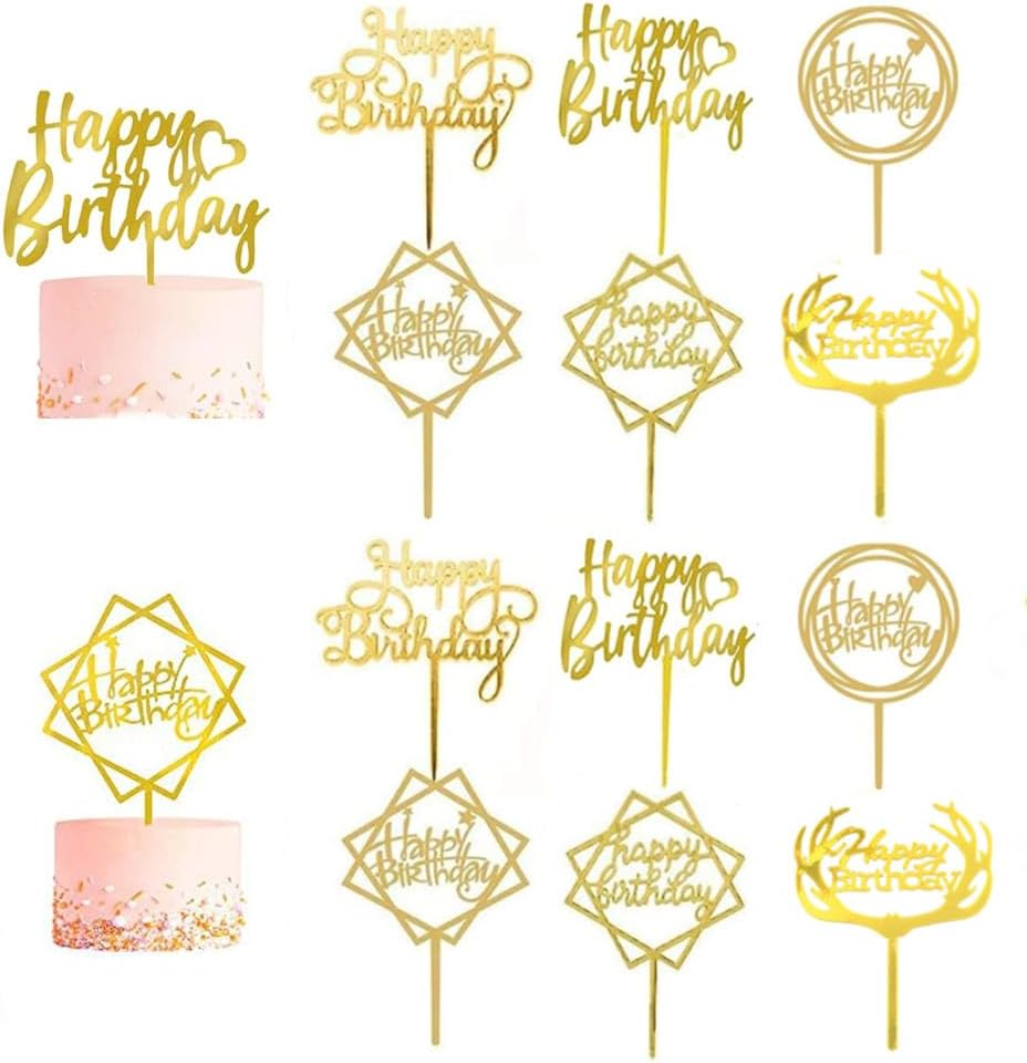 Changyeah Happy Birthday Cake Topper,12 Pieces Acrylic Cake Topper,Happy Birthday Gold Cake Topper Set, Birthday Decoration for Children and Adults image number 4