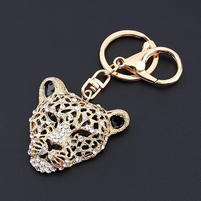 Leopard Bag Pendant, 2&times;1.97 in Leopard Charm, 1PC Gold Rhinestone Keychain Cute Cheetah Head Purse Key Ring Chain Sparkling Crystal Charming Decoration Adornment for Wallet Handbags Lady Girlfriend image number 1