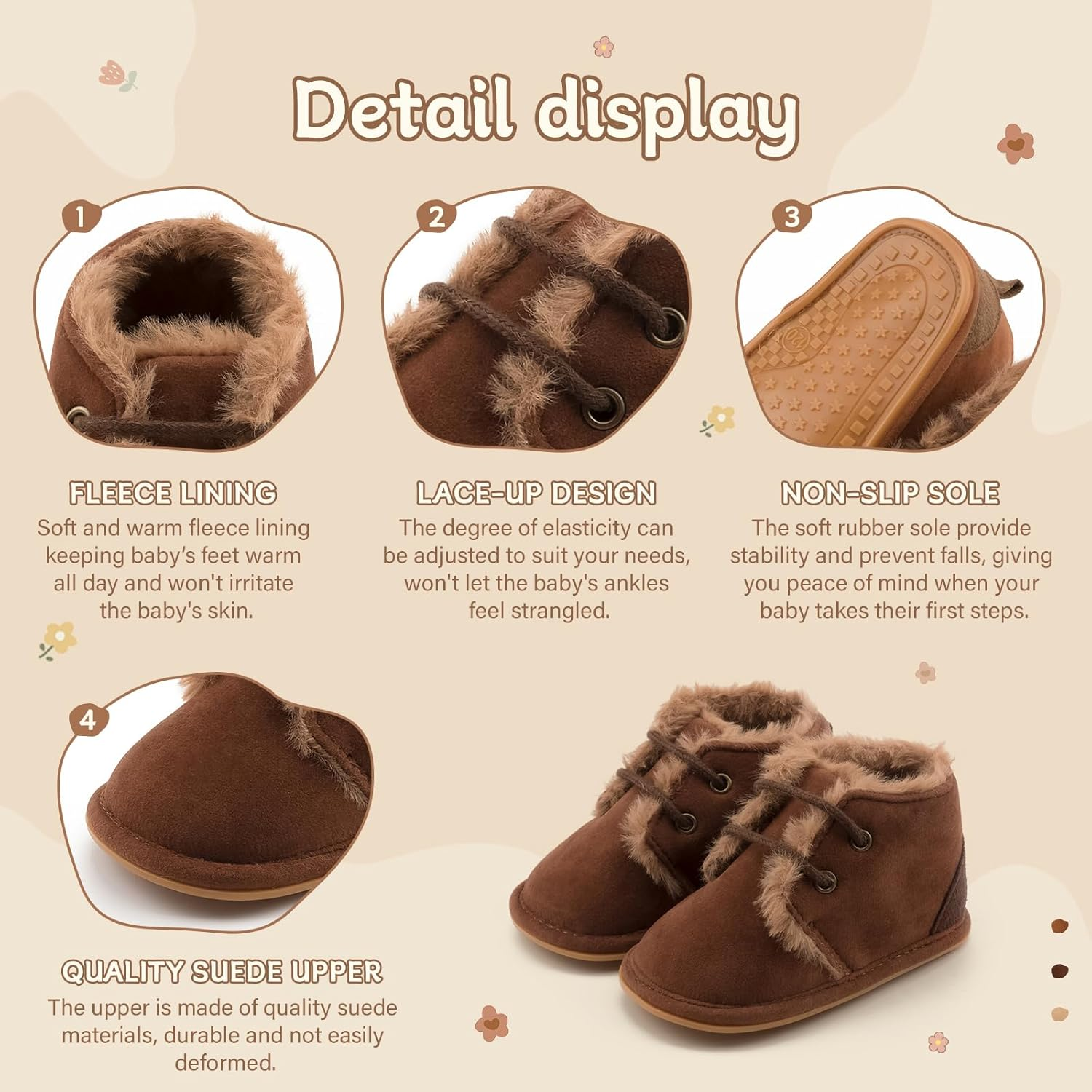 CENCIRILY Baby Boys Girls Warm Boots Infant Anti-Slip Rubber Sole Lace-Up Fleece Ankle Booties Newborn First Walking Shoes image number 5