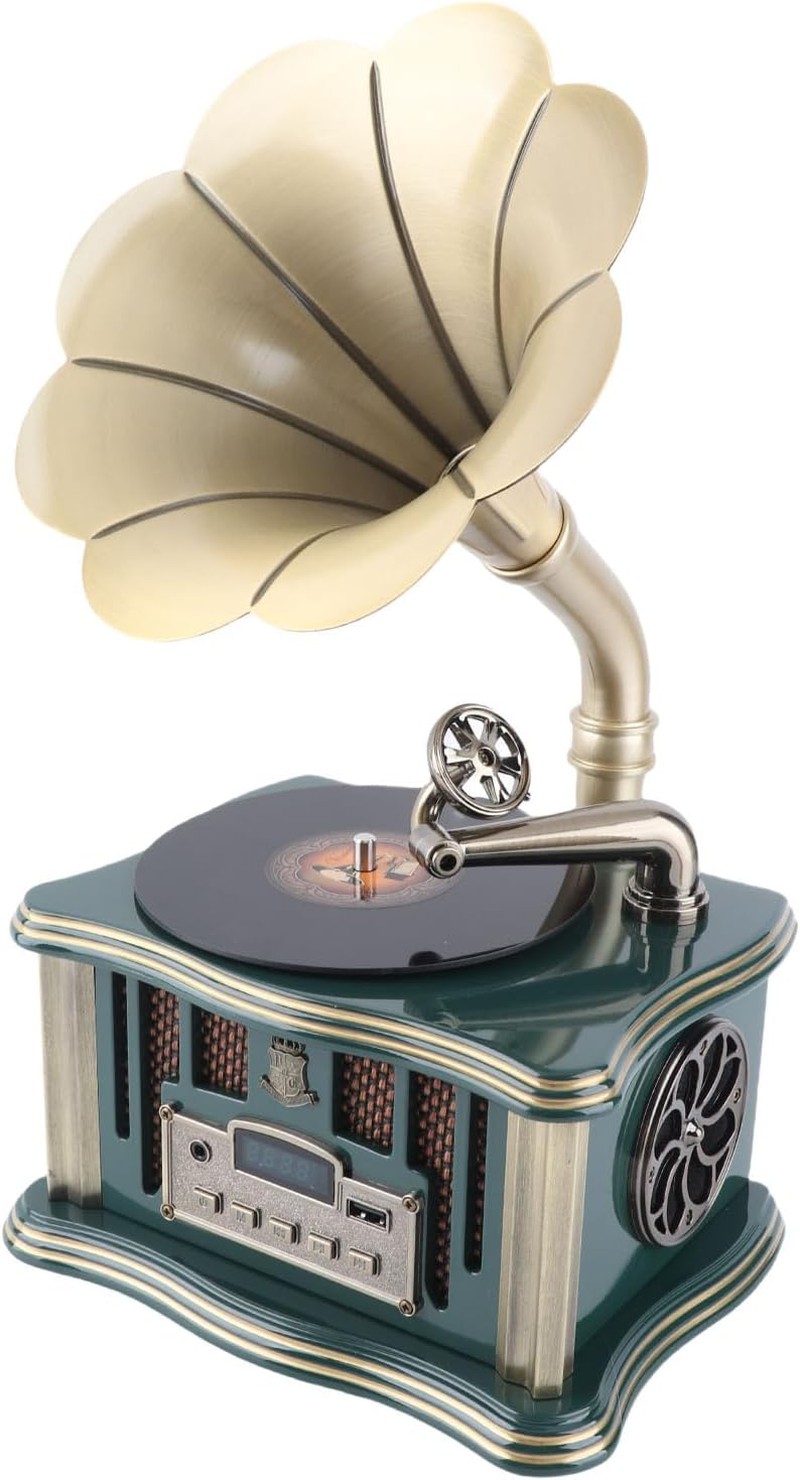 Phonograph Record Player, Retro Gramophone Bluetooth Player with Remote Control, Mini Record Player Gramophone Turntable for Home Decoration (Green)