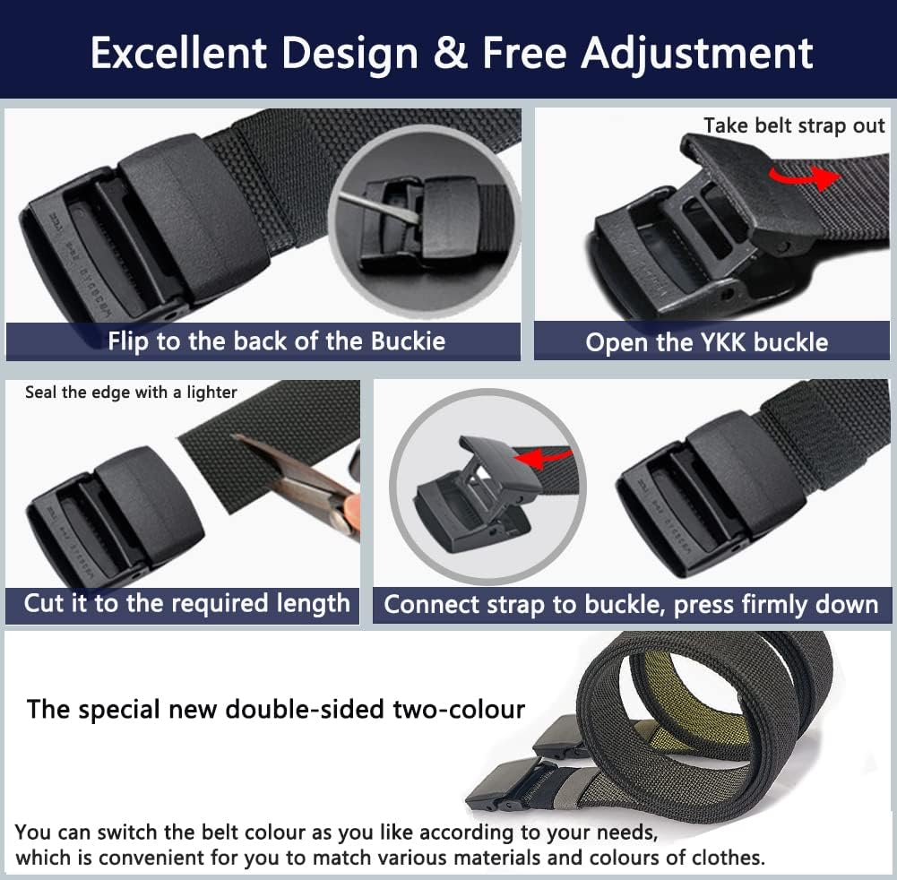 Lionvii Casual Belts for Men - 2 Colors in 1 Reversible with YKK Plastic Buckle - Adjustable Trim to Fit 28-49" Waist image number 3