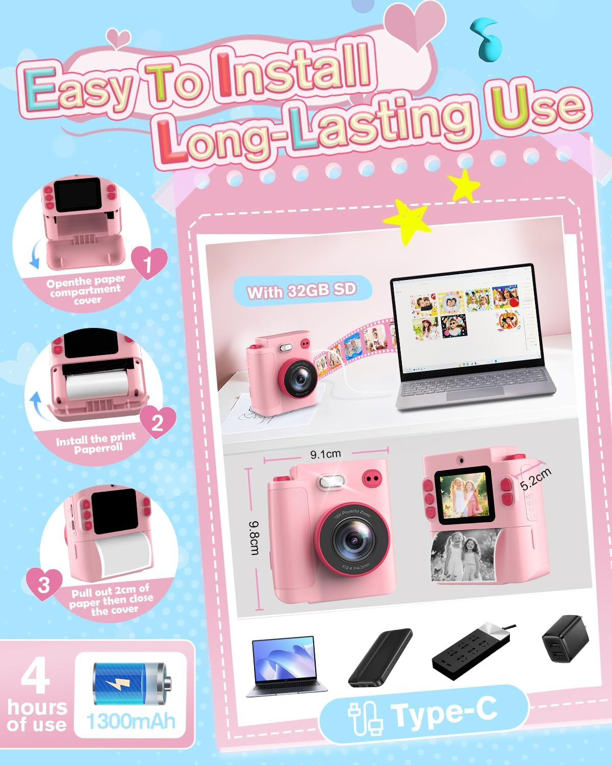 MYSTILUCK Kids Camera Instant Print, 1080P Instant Camera for Kids, Children Digital Cameras with 3 Rolls Photo Paper & 32GB Card, Christmas Birthday Gifts Toys for Boys & Girls Aged 3-12（Pink） image number 5