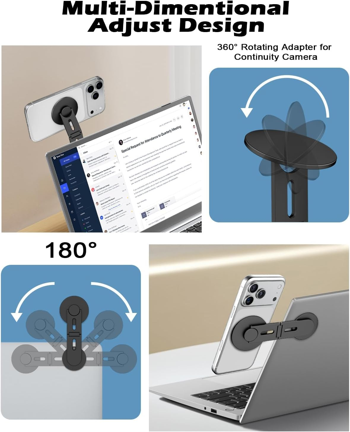 Cloudvalley Magnetic Laptop Phone Holder, 360&deg; Rotating Mount Compatible with Iphone Magsafe and All Phones, Macbook, PC Monitor, Screen Stand for Tesla, Portable Accessory, Black - Grey image number 5