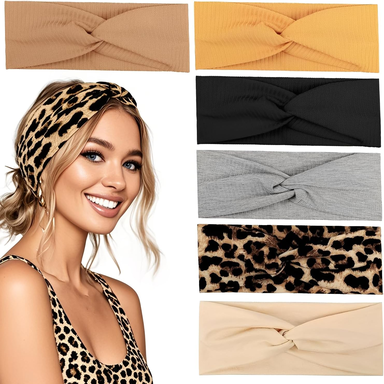 Esshogo Pack of 6 Headbands for Women, Non-Slip, Elastic Wide Headband, Cotton Cross Headband, for Short Hair, Yoga, Workout, Running, Sports, Hair Straw, Turban, Hair Wrap for Girls image number 6