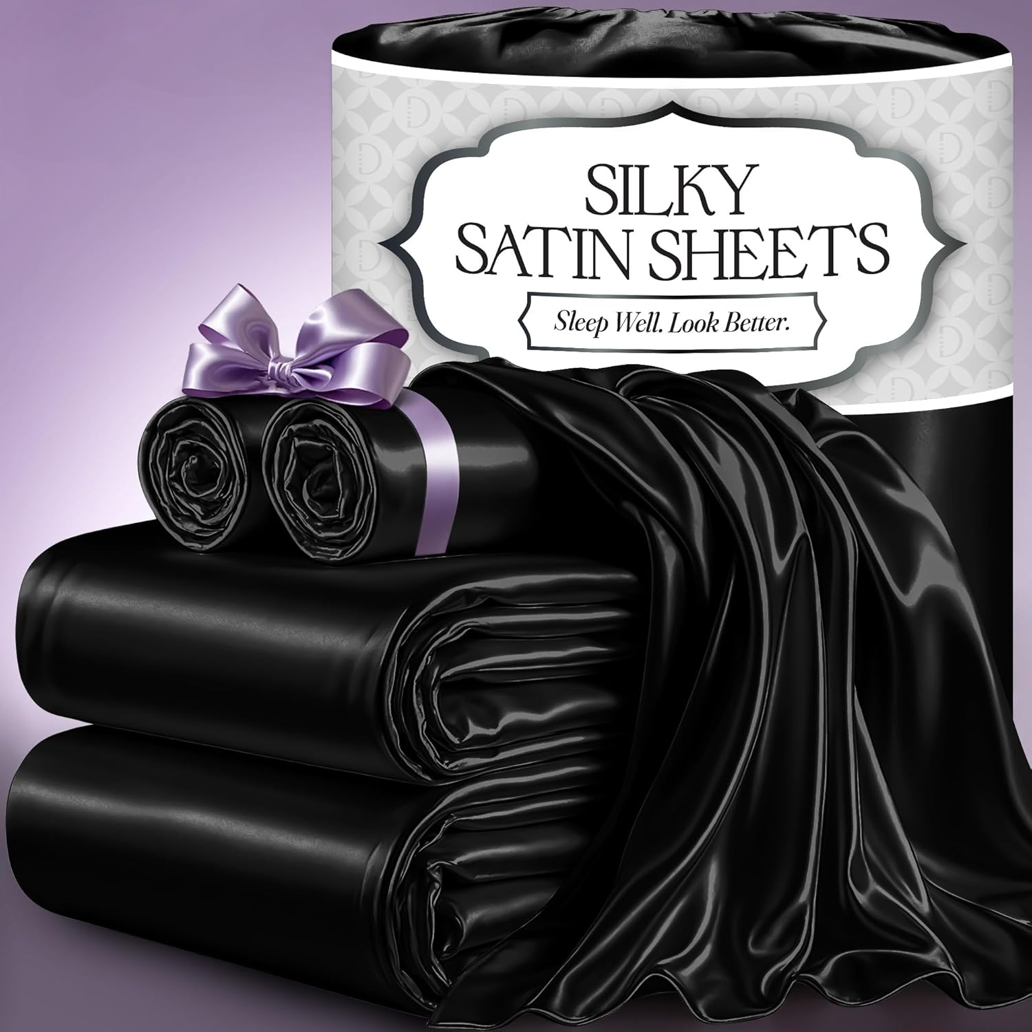 DECOLURE Satin Sheets, Silky Satin Sheet Set, Satin Bed Sheets Queen Set, (Queen Size) Black