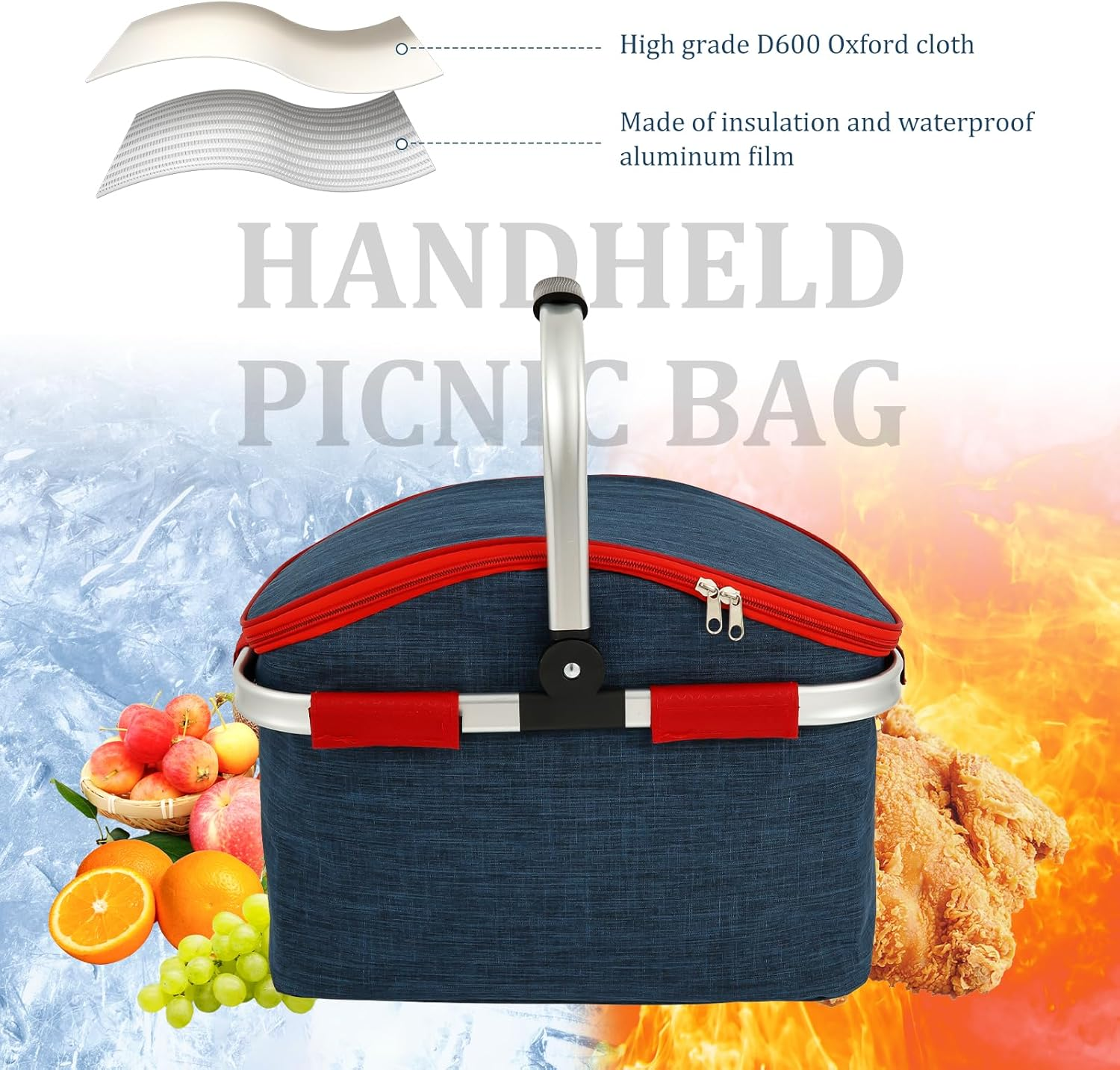 Shopping Basket, Insulation and Waterproof, Large Capacity Foldable Carry Baskets, Handle Crate Storage Basket Bin, for Hiking Camping Business Lunch Picnics Shopping image number 4