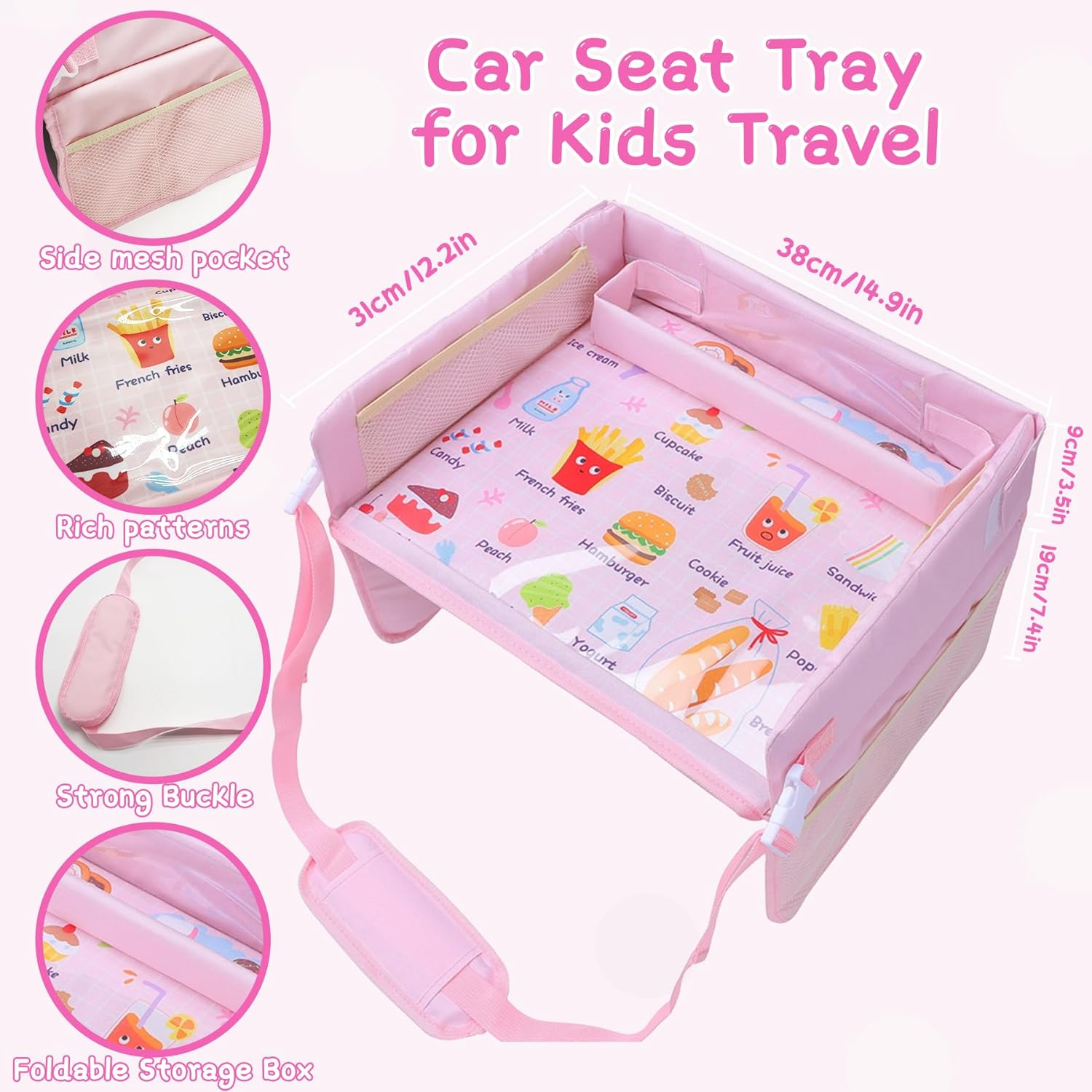 Kids Travel Tray for Car, Car Seat Tray for Kids Travel, Road Trip Essentials, Toddler Lap Desk Organizer, Soft Padding, Waterproof, Carseat Table for Roadtrip Activities (Pink) - Blue image number 7